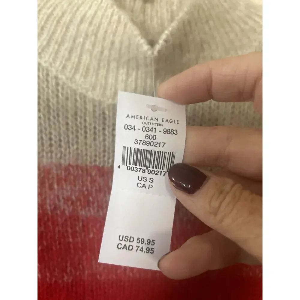 $60 NWT American Eagle Mock Neck Sweater Ombre Colorblock Cream Red Navy Size S - Picture 4 of 7